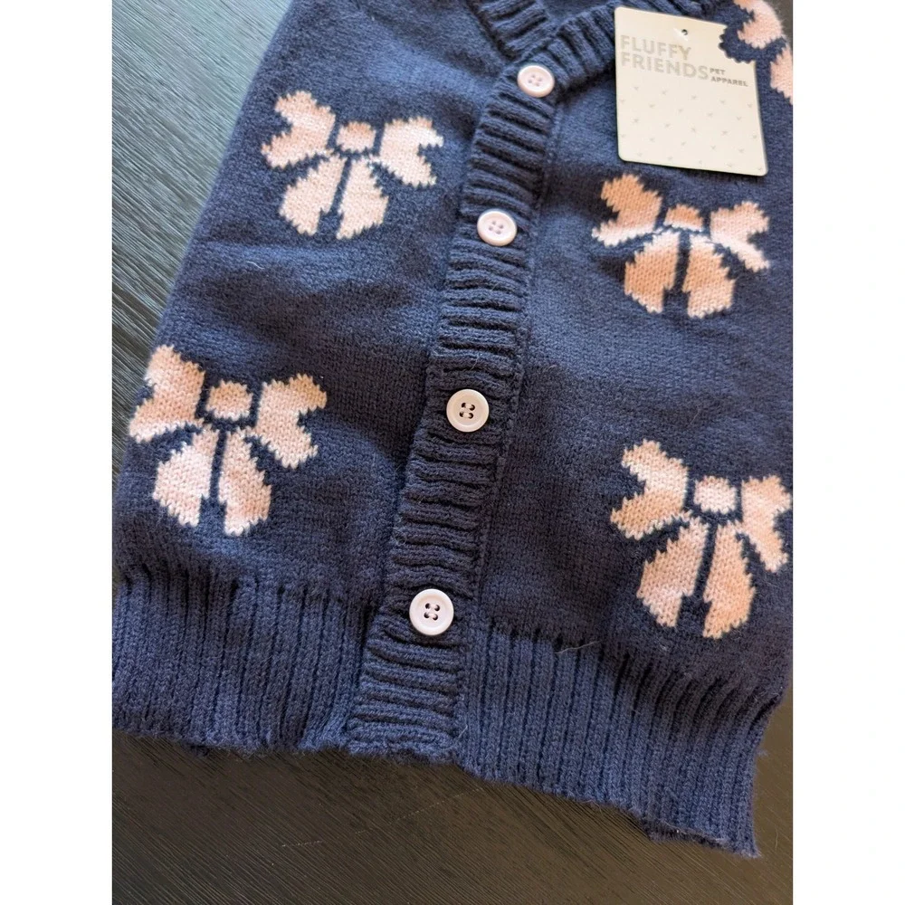 Fluffy Friends Dog Pet Cardigan Sweater Navy Blue Pink‎ Bow Knit Sz M Coquette
